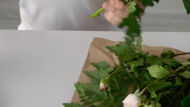 Donna che taglia fiori freschi e li mette in vaso a tavola - Filmati, video