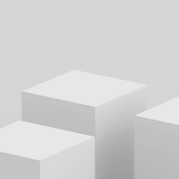 3Dグレーの白いキューブとボックスの表彰台最小シーンスタジオの背景。概要3D形状オブジェクトイラストレンダリング。オンラインビジネス製品の表示. - 写真・画像