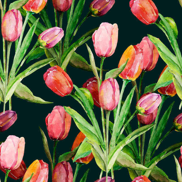 Egy csokor tulipán. Zökkenőmentes minta. Kép fehér és színes háttérrel. - Fotó, kép