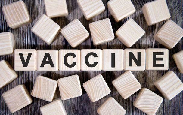 VACCINE - medical concept, text on wooden cubes and many cubes around on a dark background - Foto, immagini