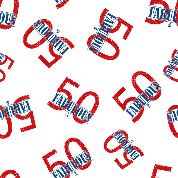 Pięćdziesiąt i bajeczny tekst płynny wzór wektora tła. Niebieski czerwony nowoczesny styl typografia na białym tle. Styl Americana na całym druku na urodziny lub rocznicę biznesu koncepcja uroczystości - Wektor, obraz