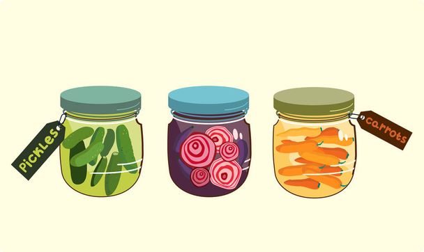 Marinade jars.Autumn harvesting. Pickles,carrots with spices and radish slices in a glass bowl with a colored lid.Canned food, labels. Vector flat doodle illustration for cafe menu,website - Vector, Image