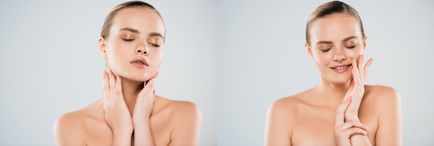 collage of naked woman touching neck and face while smiling isolated on grey - Photo, Image