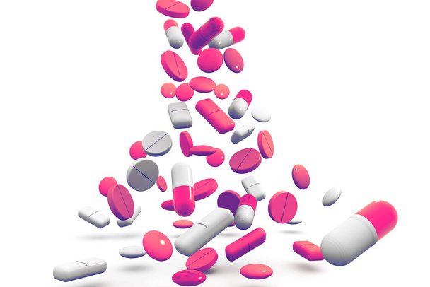 Vallende kleurrijke pillen op wetenschappelijke achtergrond.3d renderen - Foto, afbeelding