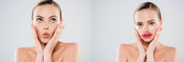 collage di donna sorpresa che tocca il viso e le macchie oculari isolate su grigio - Foto, immagini