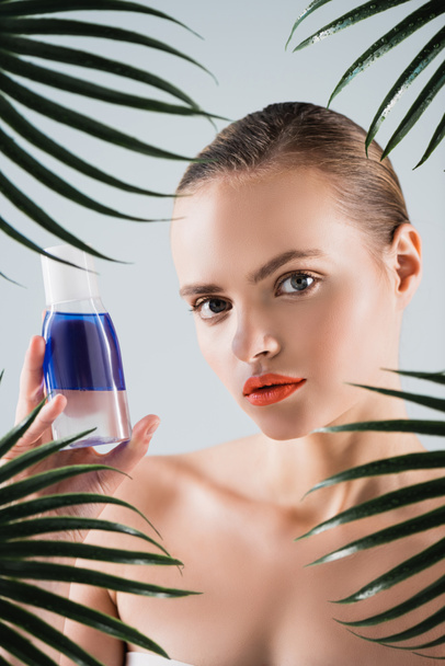 atractiva chica con maquillaje celebración botella con tóner cerca de hojas de palma en blanco
 - Foto, Imagen