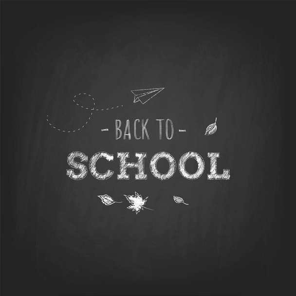 Back to School chalked sketchy text on black chalkboard with autumn leaves and flying paper plane. - Vector illustration - Vecteur, image