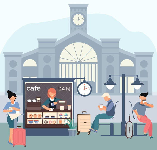 Stazione ferroviaria Cafe Composizione - Vettoriali, immagini