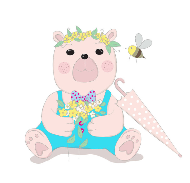 Stile disegnato a mano, Carino piccolo orso cartone animato tenere i fiori in mano. - Vettoriali, immagini