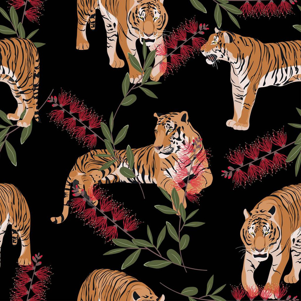 Экзотический тигр животных в джунглях рисунок черный фон иллюстрации бесшовный узор. Модная композиция с экзотическими красными цветами, пляжные обои. - Вектор,изображение