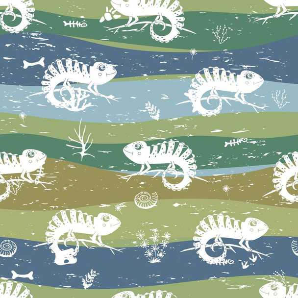 Seamless pattern with hameleon and seaweed plants. Cute pattern for children's fabrics with scuffs - Vektör, Görsel