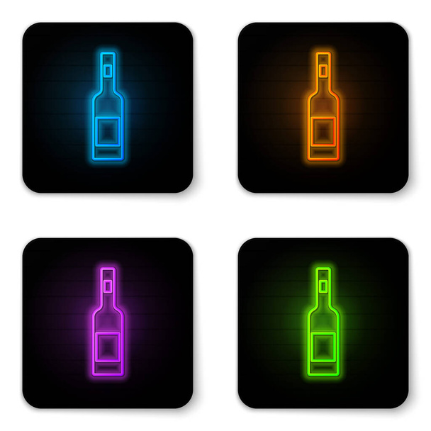 Leuchtende Neon-Glasflasche mit Wodka-Symbol isoliert auf weißem Hintergrund. Schwarzer quadratischer Knopf. Vektor. - Vektor, Bild