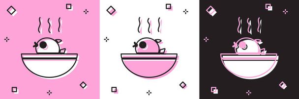 Zestaw ikona zupy rybnej Puffer izolowane na różowym i białym, czarne tło. Ryby Fugu japońskie rozdymki. Wektor.. - Wektor, obraz