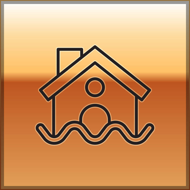 Fekete vonal Ház árvíz ikon elszigetelt arany háttér. Elöntötte a víz az otthont. Biztosítási koncepció. Biztonság, biztonság, védelem, védelem... - Vektor, kép