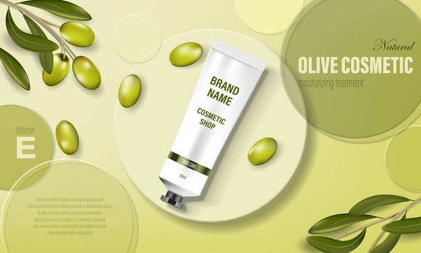 Kosteuttava käsi kerma purkki tuote mainos oliiviöljyä. Kosmeettinen juliste mainos vihreitä oliiveja ja pyöreitä levyjä, realistisia putkia. ihonhoitokonseptin suunnittelu. Vektori 3d kuva - Vektori, kuva