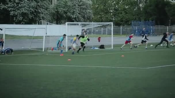 Οι παίκτες του ποδοσφαιρικού συλλόγου τρέχουν με ταχύτητα στο γήπεδο ποδοσφαίρου στην προπόνηση. Θέα από το πλάι. Κοντινό πλάνο - Πλάνα, βίντεο
