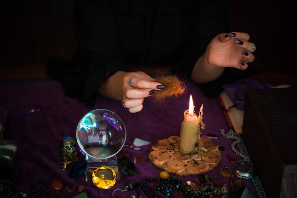 Old world, Magic attributes for rituals and fate prediction, details on a table of witch, occultism concept - Photo, Image