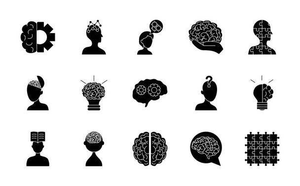 icon set of mental health and brains, silhouette style - Vector, Image