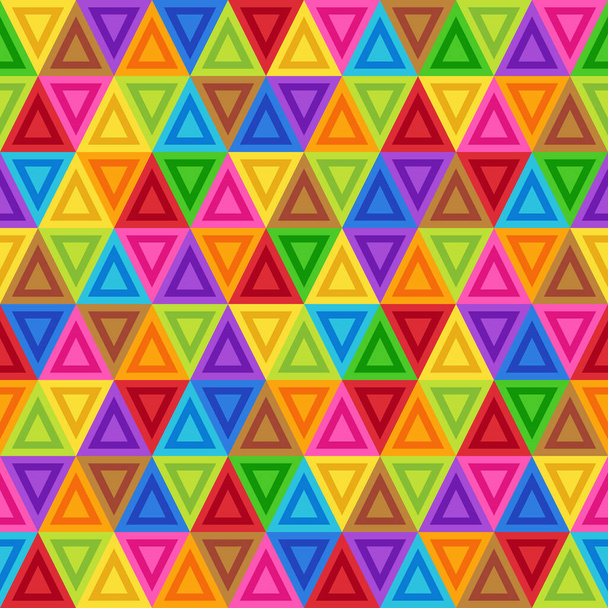 Γεωμετρικό μοτίβο χωρίς ραφή από τρίγωνα μπλε, καφέ, βυσσινί, πράσινο, πορτοκαλί, κόκκινο, ροζ, βιολετί, κίτρινα χρώματα. Συνεχές επίπεδο συμβολικό υπόβαθρο απλών γεωμετρικών τριγωνικών σχημάτων. - Διάνυσμα, εικόνα