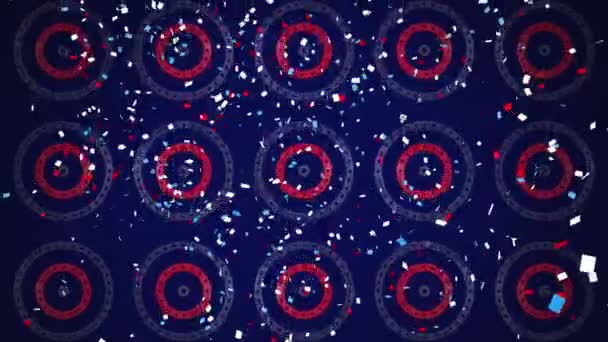 Animation of confetti falling on rows of circles spinning with American flag stars and stripes over blue background. American flag patriotism concept digitally generated image. - Filmagem, Vídeo