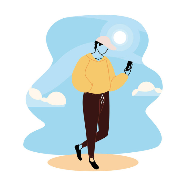 hombre joven con el teléfono celular en la mano en verano
 - Vector, Imagen