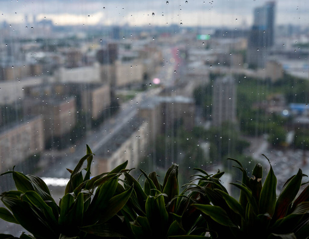 una vista de una gran ciudad a través de la ventana donde se puede ver que llueve afuera
 - Foto, Imagen