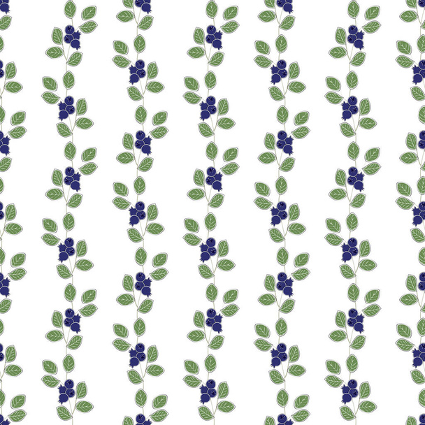 Vector Blueberry Plants with Green Leaves in Rows on White Background Seamless Repeat Pattern. Background for textiles, cards, manufacturing, wallpapers, print, gift wrap and scrapbooking. - Вектор, зображення