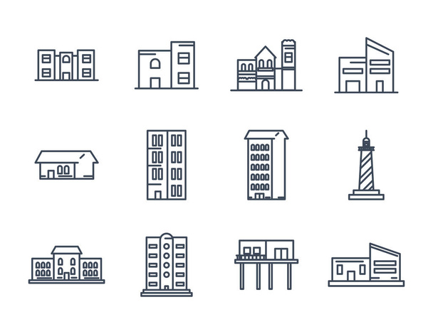 міські будівлі лінія стиль іконка набір векторний дизайн
 - Вектор, зображення