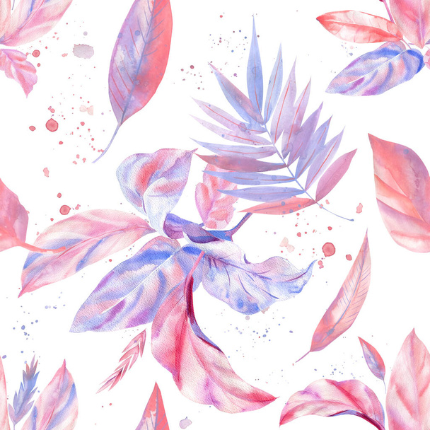 Watercolor pink and lilac color, Tropical Seamless patterns from palm leaves on a white background.  - Фото, изображение