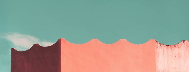 modern pink orange curve wall with blue sky minimalism architecture abstract background - Photo, Image