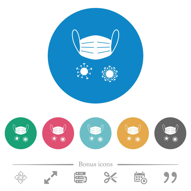 Máscara médica y virus corona iconos blancos planos sobre fondos de color redondo. 6 iconos de bonificación incluidos
. - Vector, Imagen