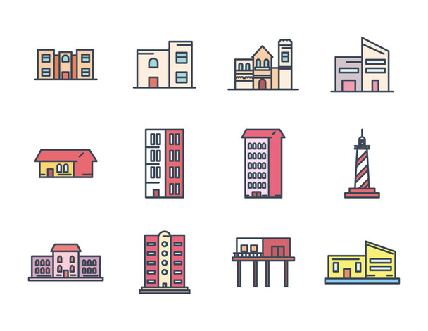 都市の建物の線と塗りつぶしスタイルのアイコンセットベクトルデザイン - ベクター画像