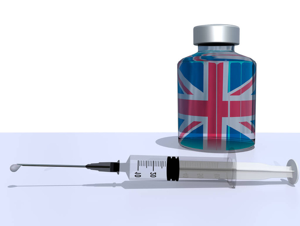 covid-19 coronavirus vakcina új úttörő angol zászló syrigne palack csepp - 3d renderelés - Fotó, kép