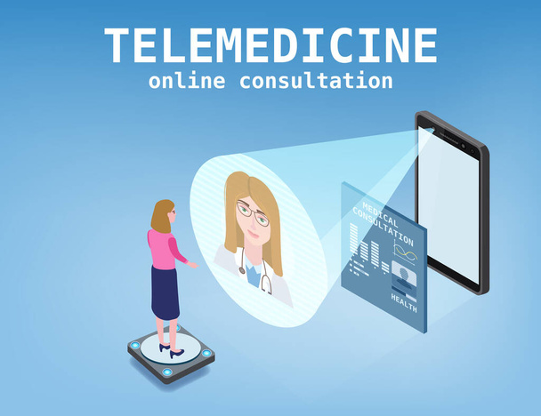 Personajes concepto de teléfono inteligente telemedicina médico y paciente consulta diagnóstico por Internet. Servicio médico en línea isometría. Ilustración vectorial aislada - Vector, imagen