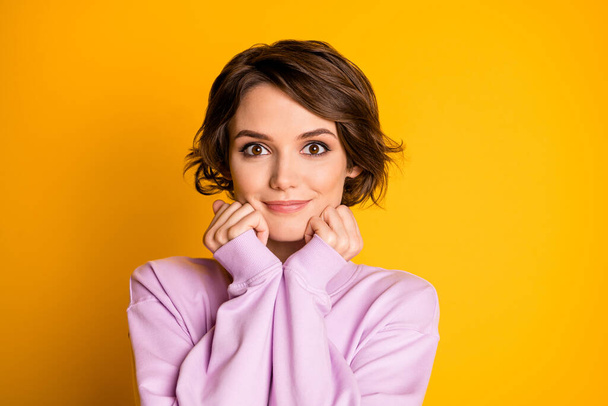 Портрет красивої дівчини, що торкається обличчя з кулаками, насолоджується задоволенням носити пастельний пуловер ізольований на яскравому кольоровому фоні
 - Фото, зображення