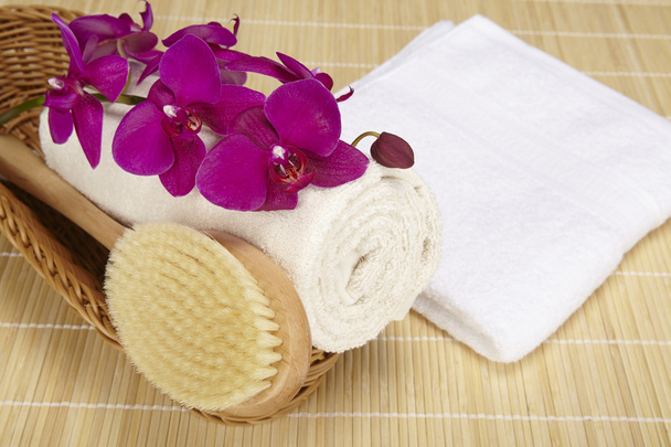 Escova de banho e toalha enrolada em uma cesta
 - Foto, Imagem