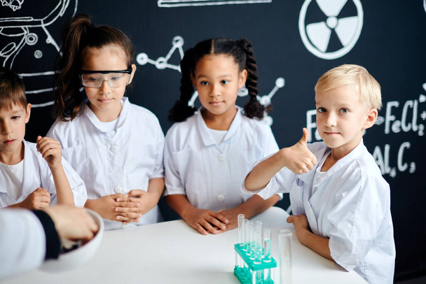 Multiracial diverse kids with test tubes studying chemistry at school laboratory - Фото, изображение