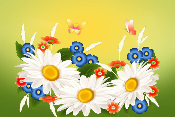 Summer background with flowers and butterflies. - Φωτογραφία, εικόνα