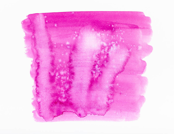 abstract painted pink square with stains and paint splashes hand painted by watercolour paints on white textured paper - Photo, Image