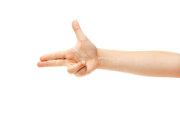 Childrens hand, palm gesturing isolated on white studio background - Zdjęcie, obraz