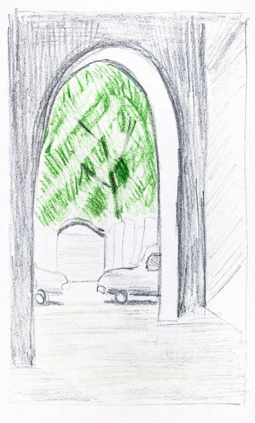esboço da visão da jarda urbana através da passagem na cidade no verão desenhado à mão por lápis de cor no papel branco
 - Foto, Imagem