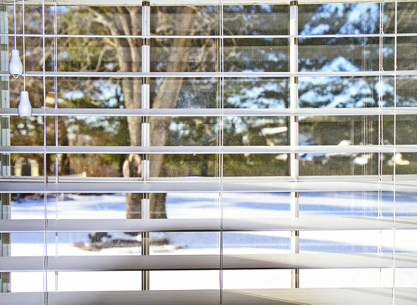 Escena de nieve a través de persianas de ventana
 - Foto, imagen