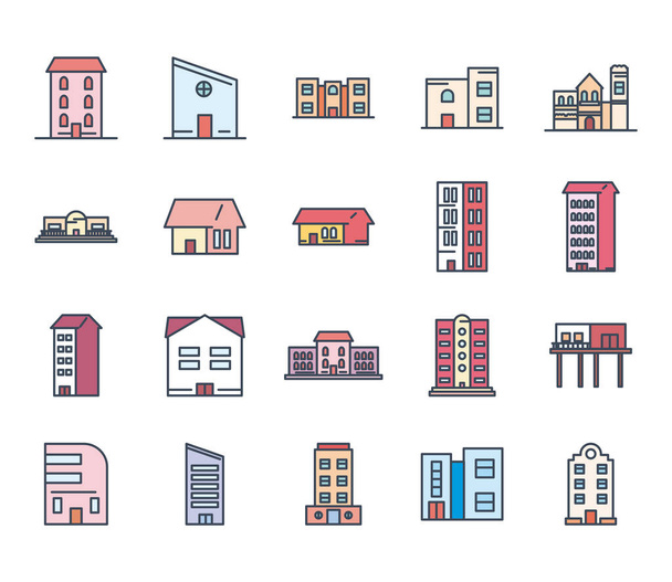 都市の建物の線と塗りつぶしスタイルのアイコンセットベクトルデザイン - ベクター画像