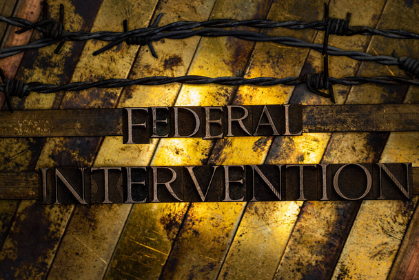 Federal Intervention Text mit echten, authentischen Schriftbuchstaben auf silbernem Grunge-Kupfer und Goldgrund - Foto, Bild