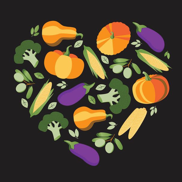 Coração de legumes, brócolis, abóbora, milho, azeitonas, berinjela isolada em fundo preto para design. Estoque vetorial plano ilustração com alimentos saudáveis como um conceito de veganismo, vegetarianismo
 - Vetor, Imagem