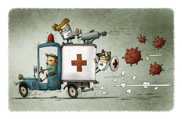 terveydenhuollon työntekijät ladataan ambulanssiin ja taistelevat virusta vastaan, joka yrittää saada heidät kiinni. - Valokuva, kuva