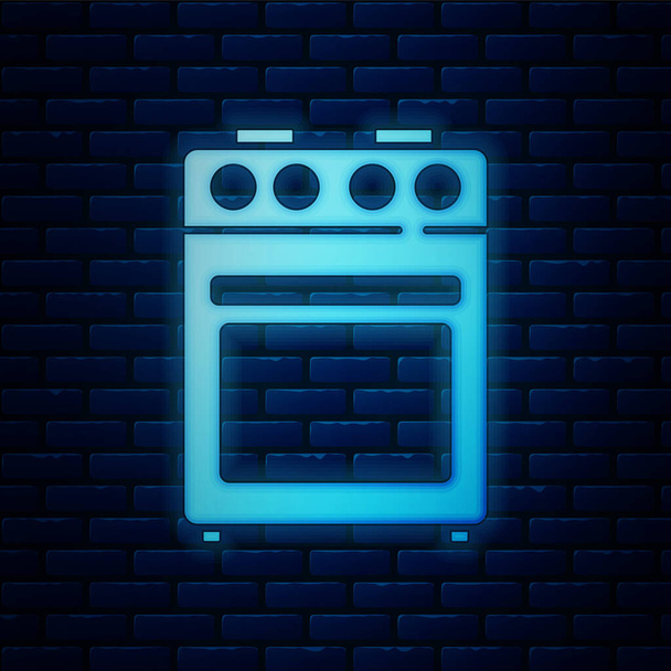 Glowing neon Oven icon isolated on brick wall background. Stove gas oven sign.  Vector. - Vector, Image