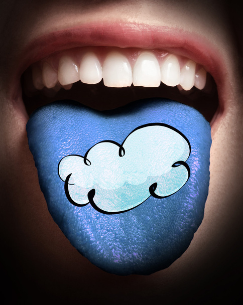 femme avec bouche ouverte écartant la langue colorée dans le réseau nuageuxi
 - Photo, image