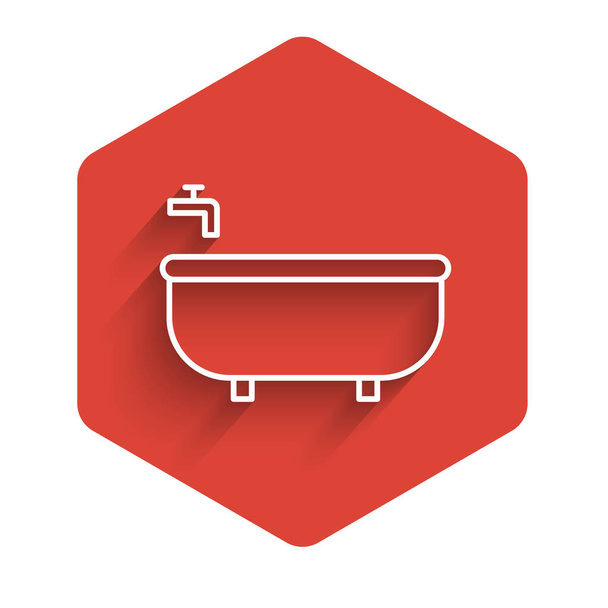 White line Bathtub icon isolated with long shadow. Red hexagon button. Vector Illustration. - Vector, Image