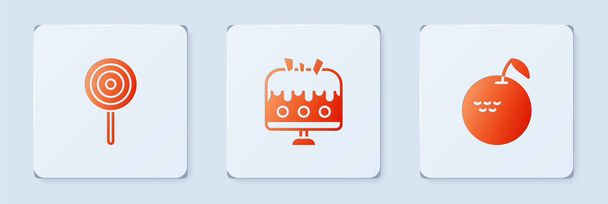 Set Cake on plate, Lollipop and Apple. White square button. Vector. - Vector, Image
